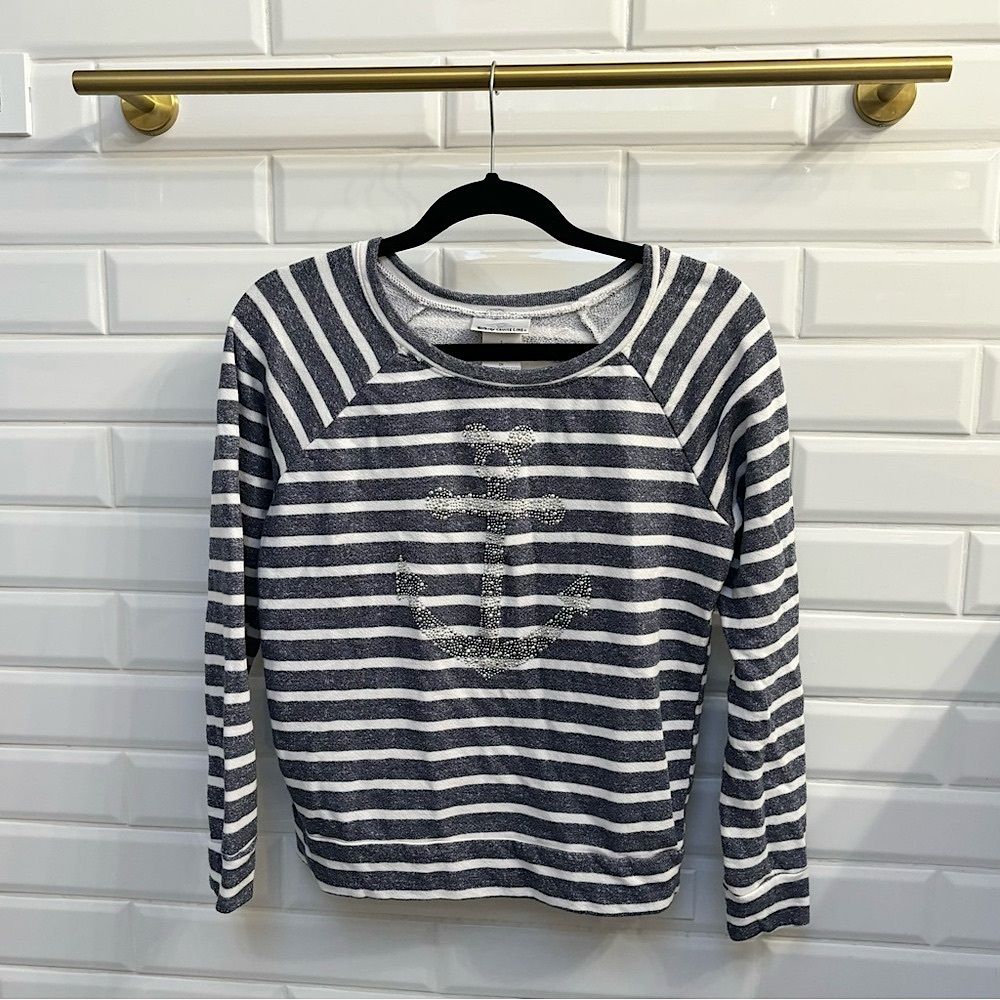 Disney Cruise Line Blue Grey Striped Sweater with Anchor Design, Women's Small